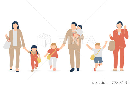 手をつなぐ母と子ども／赤系スーツ（親子・子育て支援イラスト） 127892193