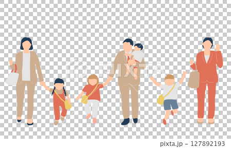 手をつなぐ母と子ども／赤系スーツ（親子・子育て支援イラスト） 127892193