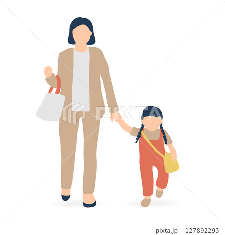 スーツ姿の母親と手をつなぐ女の子のイラスト(子育て支援・登園シーン) スーツ姿の母親と手をつなぐ女の子のイラスト(子育て支援・登園シーン) 127892293