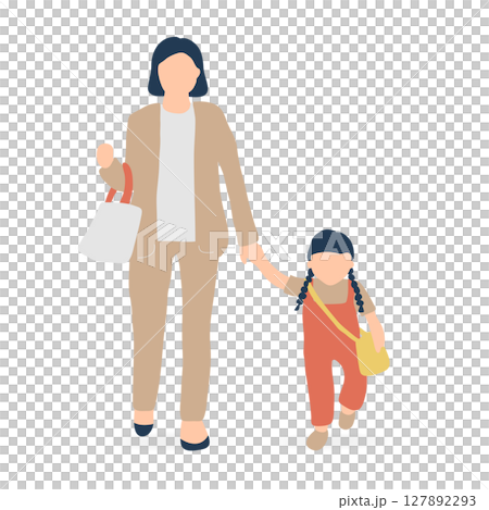 Illustration of a girl holding hands with her mother in a suit (childcare support/kindergarten scene) Illustration of a girl holding hands with her mother in a suit (childcare support/kindergarten scene) 127892293