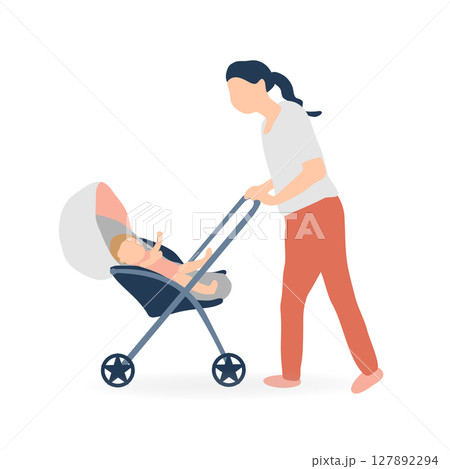 ベビーカーを押す母親と赤ちゃんのイラスト（育児・子育て素材） 127892294