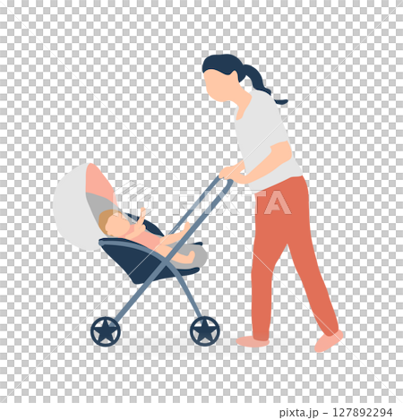ベビーカーを押す母親と赤ちゃんのイラスト（育児・子育て素材） 127892294