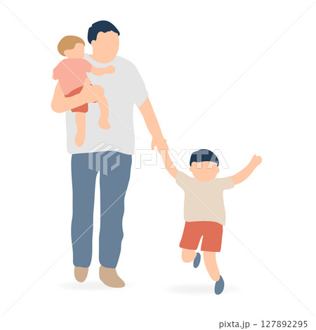 私服の父親とジャンプする幼児、赤ちゃんを抱っこするイラスト(育児・お出かけ) 私服の父親とジャンプする幼児、赤ちゃんを抱っこするイラスト(育児・お出かけ) 127892295