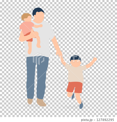 私服の父親とジャンプする幼児、赤ちゃんを抱っこするイラスト(育児・お出かけ) 私服の父親とジャンプする幼児、赤ちゃんを抱っこするイラスト(育児・お出かけ) 127892295