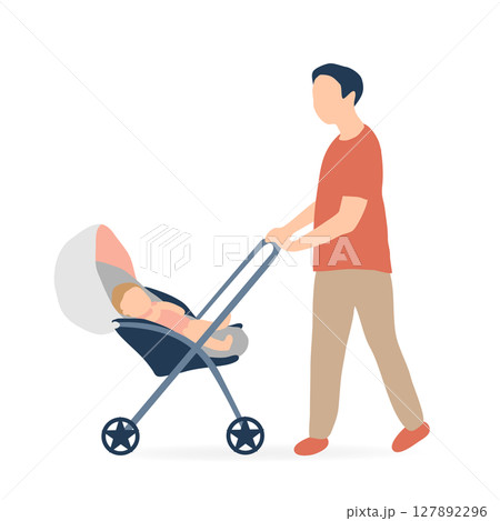 赤ちゃんを乗せたベビーカーを押す父親のイラスト（子育て・育児支援） 127892296