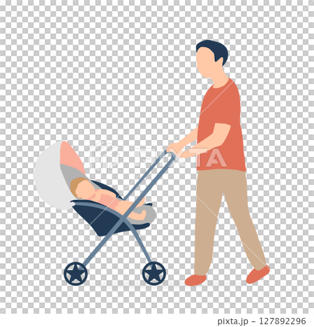 赤ちゃんを乗せたベビーカーを押す父親のイラスト（子育て・育児支援） 127892296