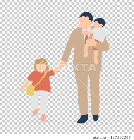 赤ちゃんを抱っこして幼児と手をつなぐ父親のイラスト（登園・育児支援） 127892297