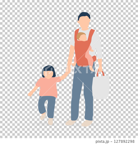 赤ちゃんを抱っこして幼児と手をつなぐ父親のイラスト（登園・育児支援） 127892298