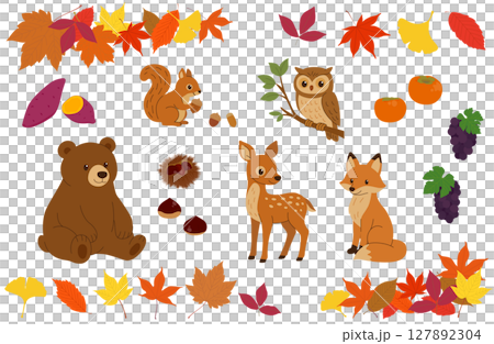 一套秋天的落葉、水果和動物 127892304