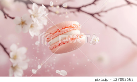 Pink Macarons Floating Among Cherry Blossoms Pink Macarons Floating Among Cherry Blossoms 127892565