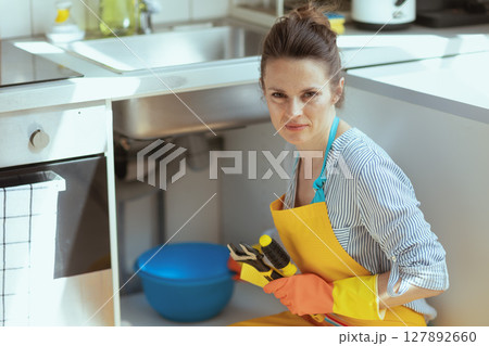 Woman Prepares to Fix Kitchen Plumbing Woman Prepares to Fix Kitchen Plumbing 127892660