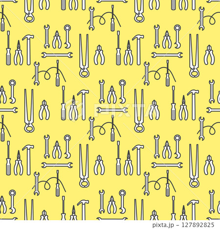 Seamless pattern of hand tools on yellow background, ideal for construction-themed designs 127892825