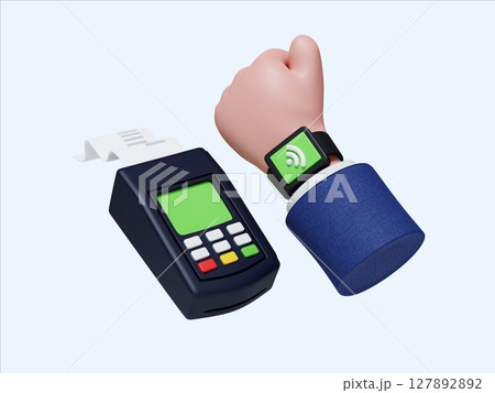 Smartwatch displaying successful transaction on a payment terminal. 3D render illustration 127892892