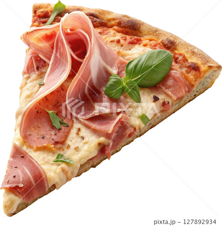 Freshly baked pizza slice topped with savory prosciutto melted cheese and fragrant basil leaves 127892934