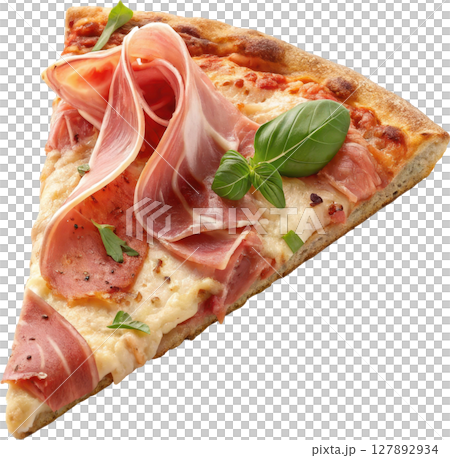 Freshly baked pizza slice topped with savory prosciutto melted cheese and fragrant basil leaves 127892934