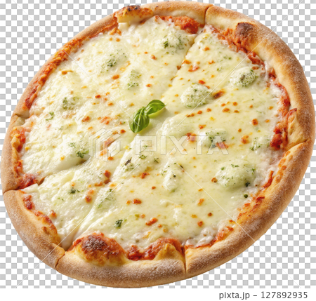Freshly baked quattro formaggi pizza featuring a crisp crust and a creamy blend of melted cheeses including parmesan and mozzarella 127892935