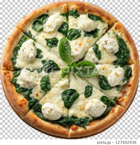 Homemade pizza featuring a creamy ricotta and fresh spinach topping garnished with fragrant basil leaves 127892936