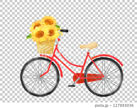 ひまわりを乗せた赤い自転車の水彩画 127893036