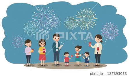 夜空を彩る花火に歓声！家族で楽しむ夏の風物詩 127893058