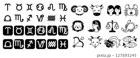 12星座の記号とイラストアイコンセット　モノトーン 127893245