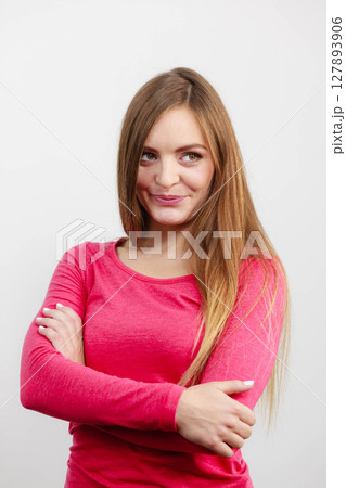 Casual girl cheering. 127893906