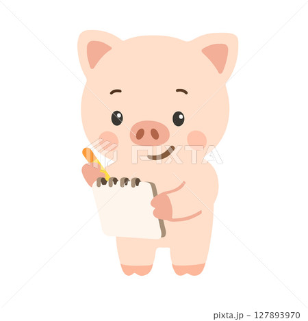 Cartoon Pig Holding Notepad and Pencil 127893970