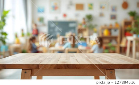 A classroom setting that includes a table with wooden chairs and toys, ideal for mockup presentations centered on preschool and kindergarten A classroom setting that includes a table with wooden chairs and toys, ideal for mockup presentations centered on preschool and kindergarten 127894316