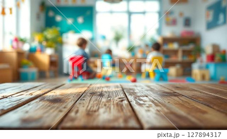 A vacant classroom table paired with wooden chairs and toys, illustrating a preschool and kindergarten theme for a mockup presentation 127894317