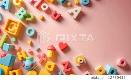 A selection of vibrant toy blocks set against a pink background, ideal for educational activities in preschool and kindergarten A selection of vibrant toy blocks set against a pink background, ideal for educational activities in preschool and kindergarten 127894334
