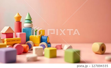 A charming wooden toy train accompanied by blocks on a pink surface, emphasizing a delightful preschool and kindergarten theme A charming wooden toy train accompanied by blocks on a pink surface, emphasizing a delightful preschool and kindergarten theme 127894335