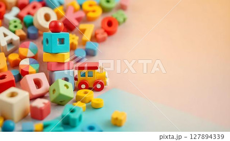 A collection of colorful toy blocks on a pink background, showcasing a fun and educational theme for preschool and kindergarten A collection of colorful toy blocks on a pink background, showcasing a fun and educational theme for preschool and kindergarten 127894339