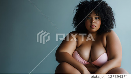Empowered plus-size woman in pink lingerie, seated confidently 127894374