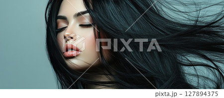 Profile of Woman with Flowing Black Hair in Wind 127894375