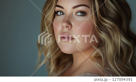 Close-up portrait of a plus-size young woman with blonde hair. 127894391
