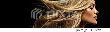 Elegant woman with long blonde hair in motion, side profile. 127894392
