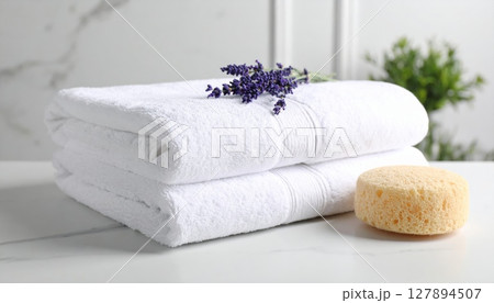 Blue towels with white soap and a pink rose evoke a clean, natural spa bath for relaxation and wellness Blue towels with white soap and a pink rose evoke a clean, natural spa bath for relaxation and wellness 127894507