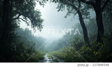 霧に包まれる森 127894546