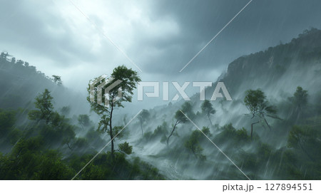 霧に包まれる森 127894551