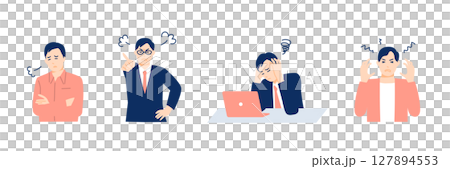 Set of facial expressions of working men suffering from stress (sigh, anger, confusion, irritation) 127894553