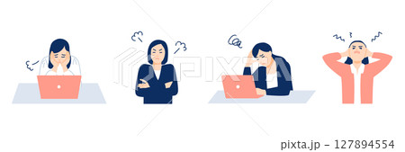 ストレスに悩む働く女性の表情(ため息、怒り、困惑、イライラ)セット ストレスに悩む働く女性の表情(ため息、怒り、困惑、イライラ)セット 127894554