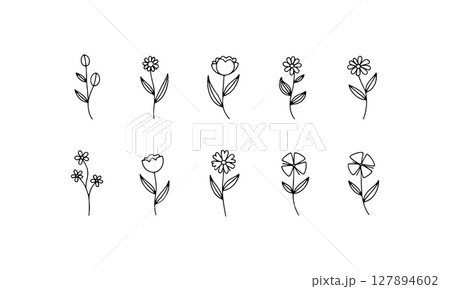 Soft Petal Composition. A set of linear floral illustrations with softly rounded petals and fine-line leaves, ideal for serene designs and stationery. 127894602