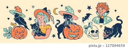 Vintage Halloween clip art set. Witches, pumpkins, cats, spooky elements and oddities for festive designs 127894659