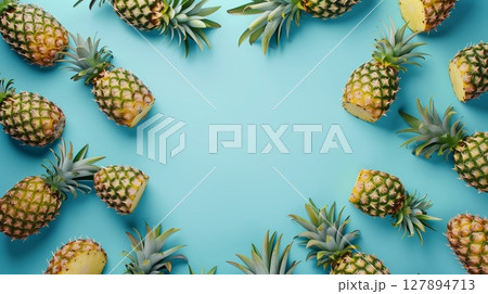 Pineapple organic fruit healthy real food copy space circular arrangement background 127894713