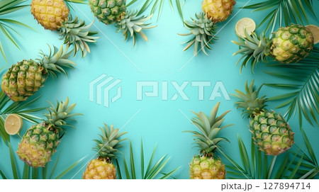 Pineapple organic fruit healthy real food copy space circular arrangement background 127894714