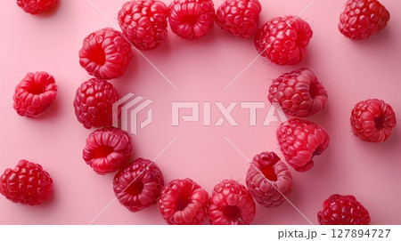Raspberry fruit organic botanical harvesting copy space blank center circular arrangement 127894727