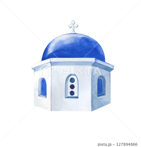 Watercolor blue dome of the white stone church in Oia, Santorini. A hand-drawn watercolor illustration of a Greek landmark. Isolated on a white background. Journeys. Lifestyle. Watercolor blue dome of the white stone church in Oia, Santorini. A hand-drawn watercolor illustration of a Greek landmark. Isolated on a white background. Journeys. Lifestyle. 127894866