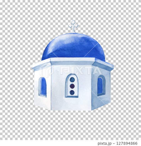 Watercolor blue dome of the white stone church in Oia, Santorini. A hand-drawn watercolor illustration of a Greek landmark. Isolated on a white background. Journeys. Lifestyle. Watercolor blue dome of the white stone church in Oia, Santorini. A hand-drawn watercolor illustration of a Greek landmark. Isolated on a white background. Journeys. Lifestyle. 127894866