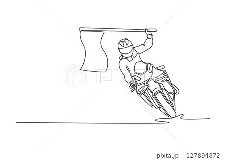 Single one line drawing young biker celebrates with the flag at the victory on moto sports racing. Rider winning grand prix racing on the track. Continuous line draw design graphic vector illustration Single one line drawing young biker celebrates with the flag at the victory on moto sports racing. Rider winning grand prix racing on the track. Continuous line draw design graphic vector illustration 127894872