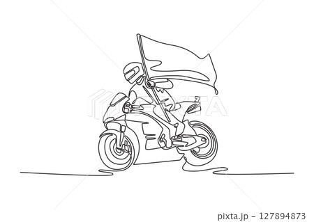 Continuous one line drawing rider on motorcycle celebrates with flag at victory as it circuits track. Racer winning race on super bike championship. Single line draw design vector graphic illustration Continuous one line drawing rider on motorcycle celebrates with flag at victory as it circuits track. Racer winning race on super bike championship. Single line draw design vector graphic illustration 127894873
