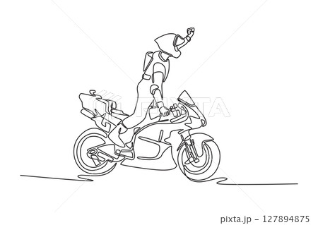Continuous one line drawing side view of rider on motorcycle celebrates victory as it circuits track. Racer win the race on super bike championship. Single line draw design vector graphic illustration Continuous one line drawing side view of rider on motorcycle celebrates victory as it circuits track. Racer win the race on super bike championship. Single line draw design vector graphic illustration 127894875